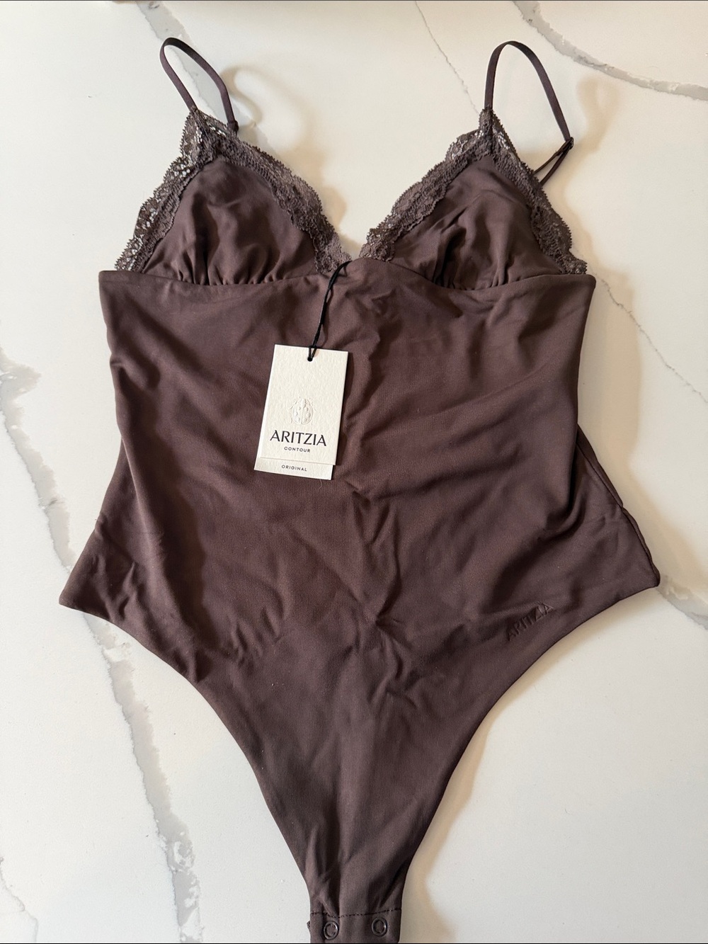 Aritzia Satin Lace-Trim Bodysuit in Mocha Medium